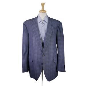 Adrian Jules Bespoke Blue Checkered Wool Silk Linen 2-Btn Sportcoat Blazer 50L